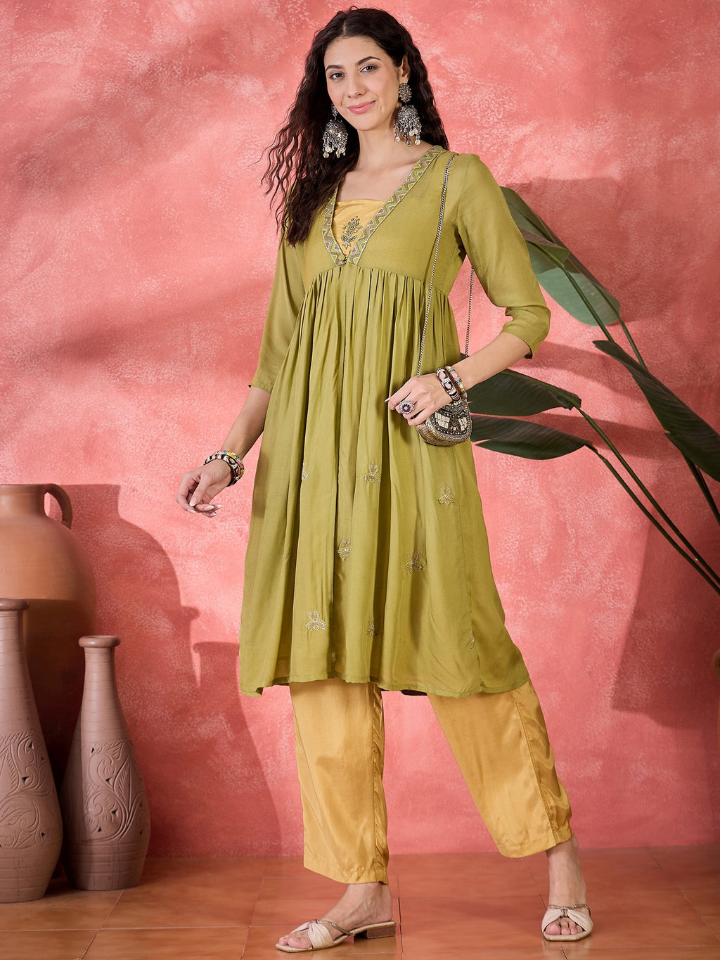 Green Viscose Calf Length V-Neck Kurta Set For Women