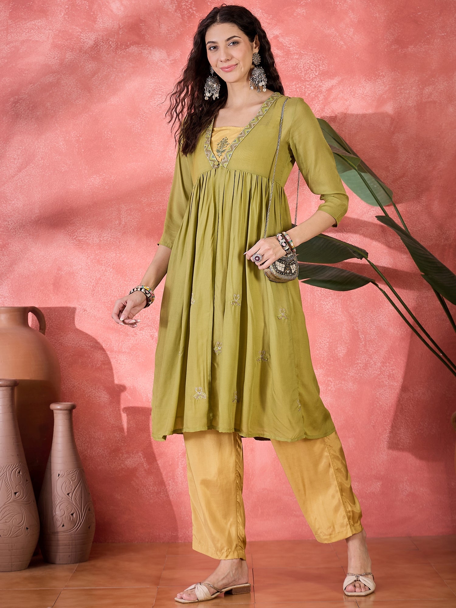 Green Viscose Calf Length V-Neck Kurta Set For Women