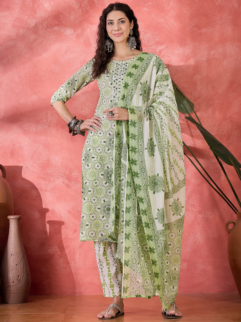 Green Pure Cotton Round Neck Floral Kurta Set For Women
