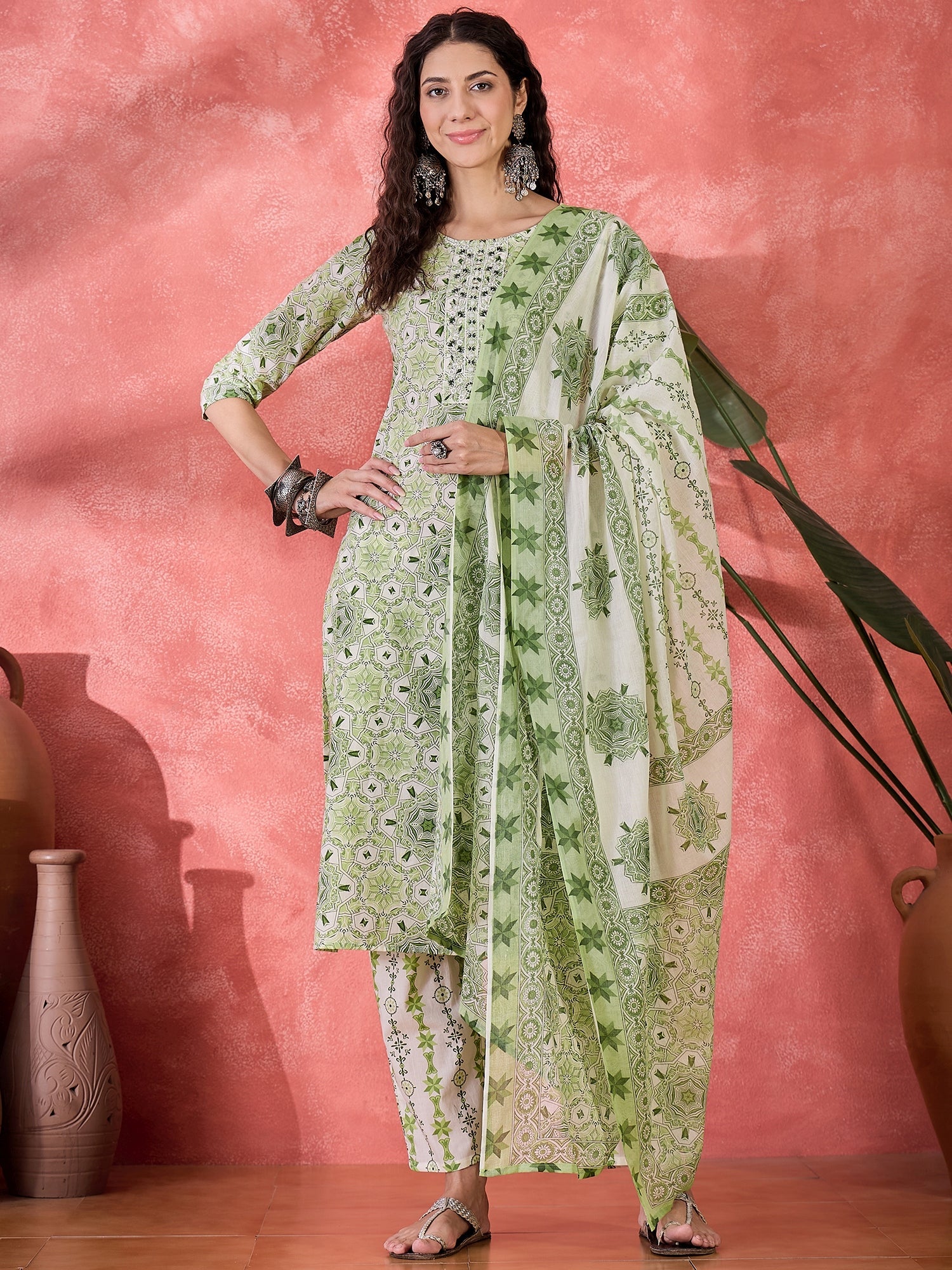 Green Pure Cotton Round Neck Floral Kurta Set For Women