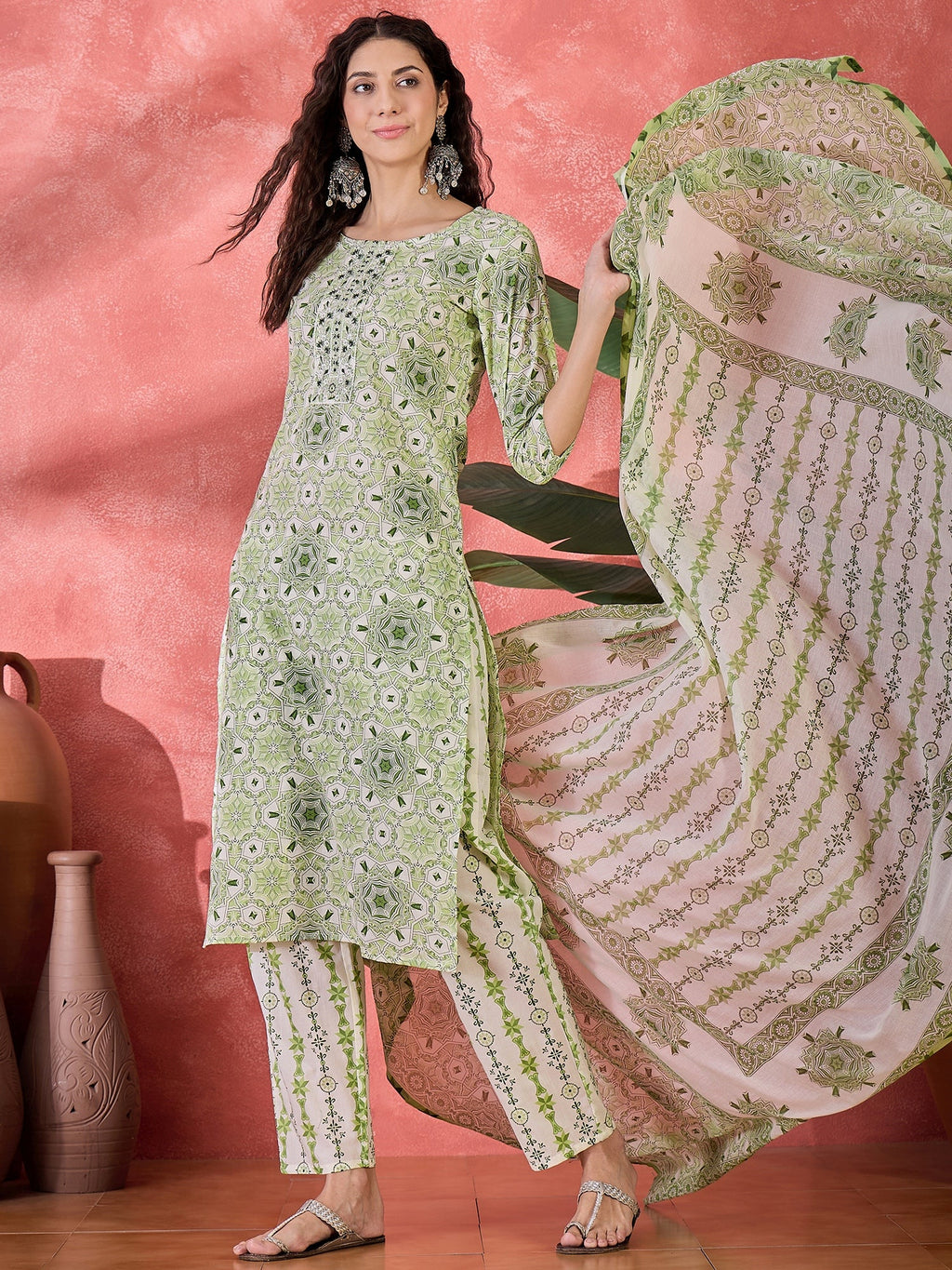 Green Pure Cotton Round Neck Floral Kurta Set For Women