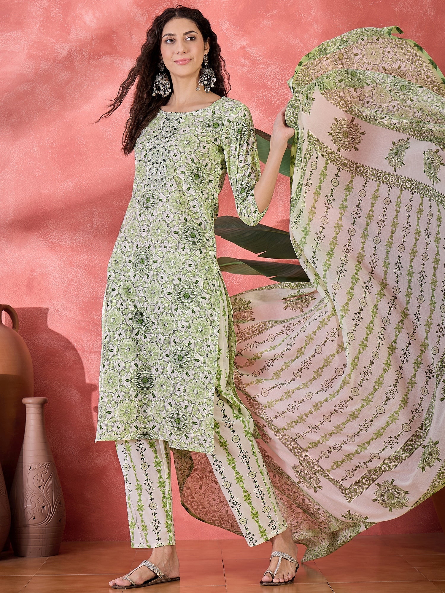 Green Pure Cotton Round Neck Floral Kurta Set For Women