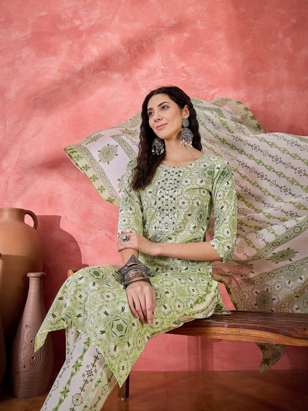 Green Pure Cotton Round Neck Floral Kurta Set For Women
