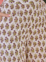 Off White Pure Cotton Mandarin Collar Floral Kurta Set For Women