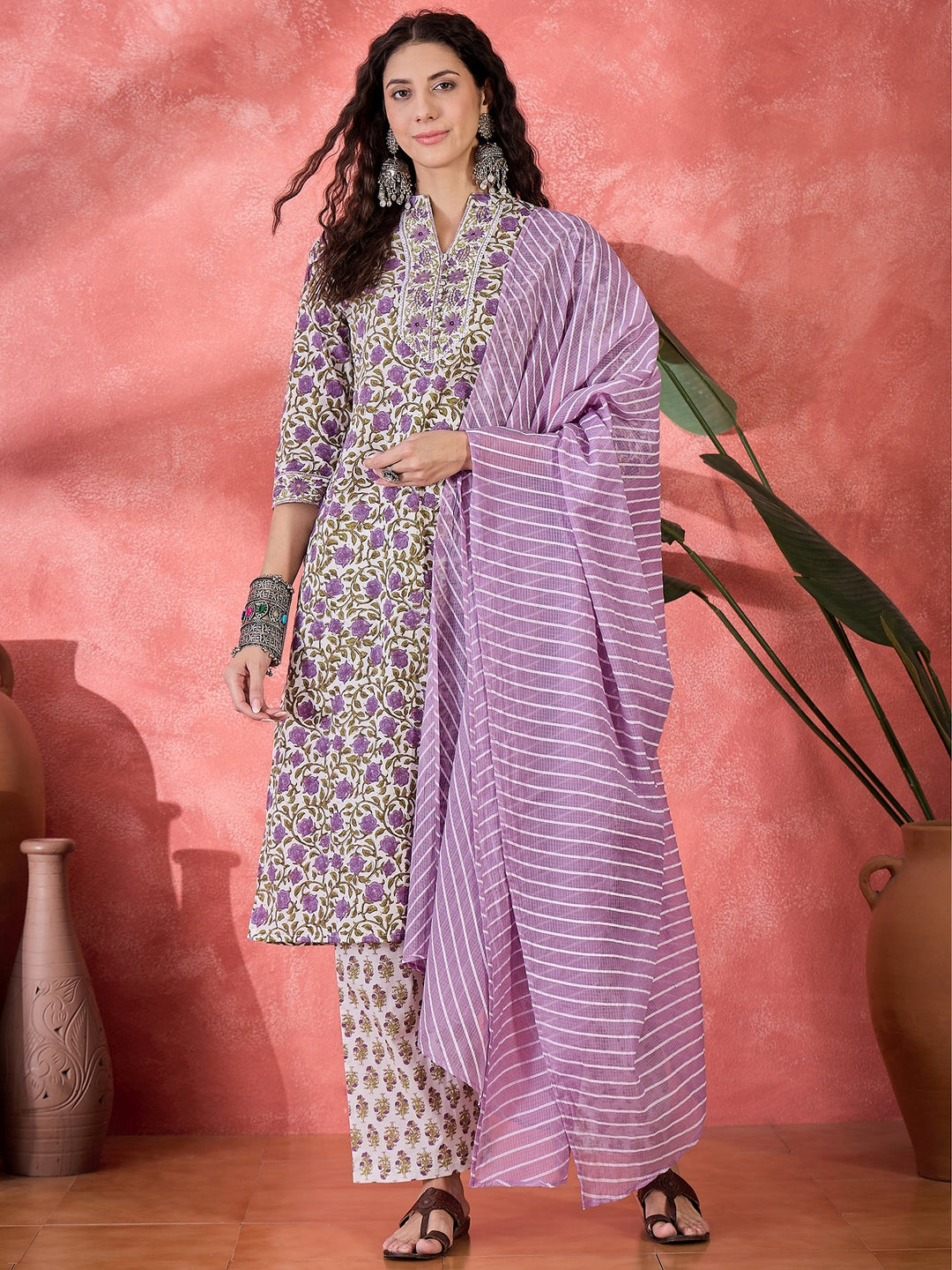 Off White Pure Cotton Mandarin Collar Floral Kurta Set For Women