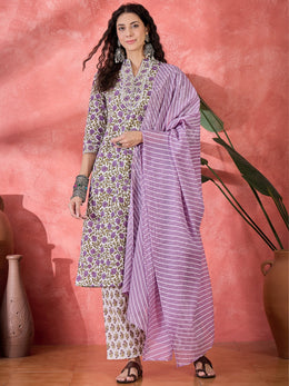 Off White Pure Cotton Mandarin Collar Floral Kurta Set For Women