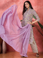 Off White Pure Cotton Mandarin Collar Floral Kurta Set For Women