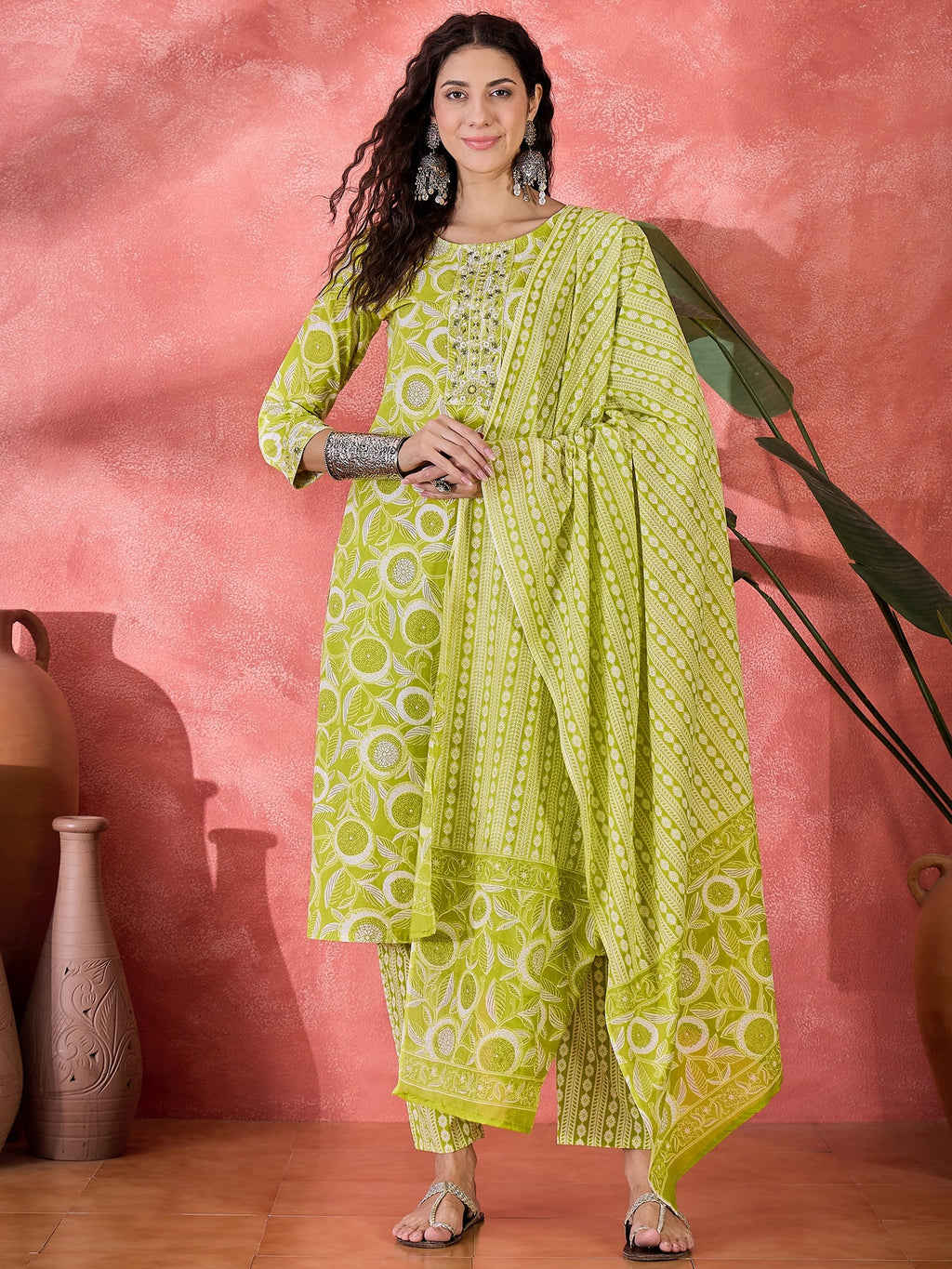 Yellow Pure Cotton Round Neck Floral Kurta Set For Women