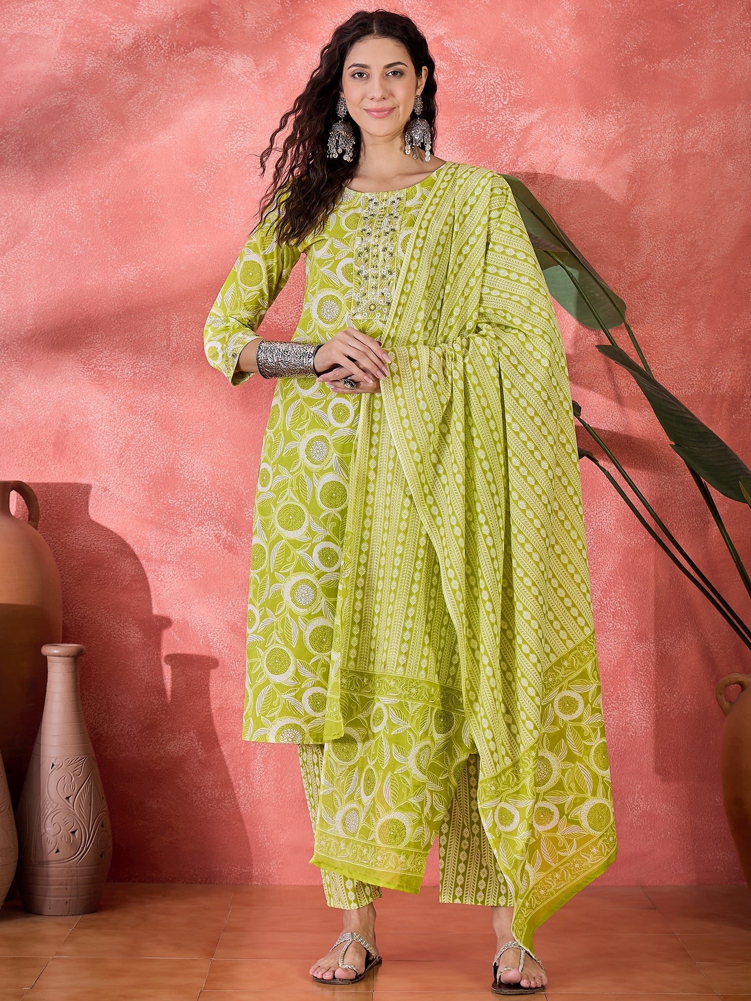 Yellow Pure Cotton Round Neck Floral Kurta Set For Women