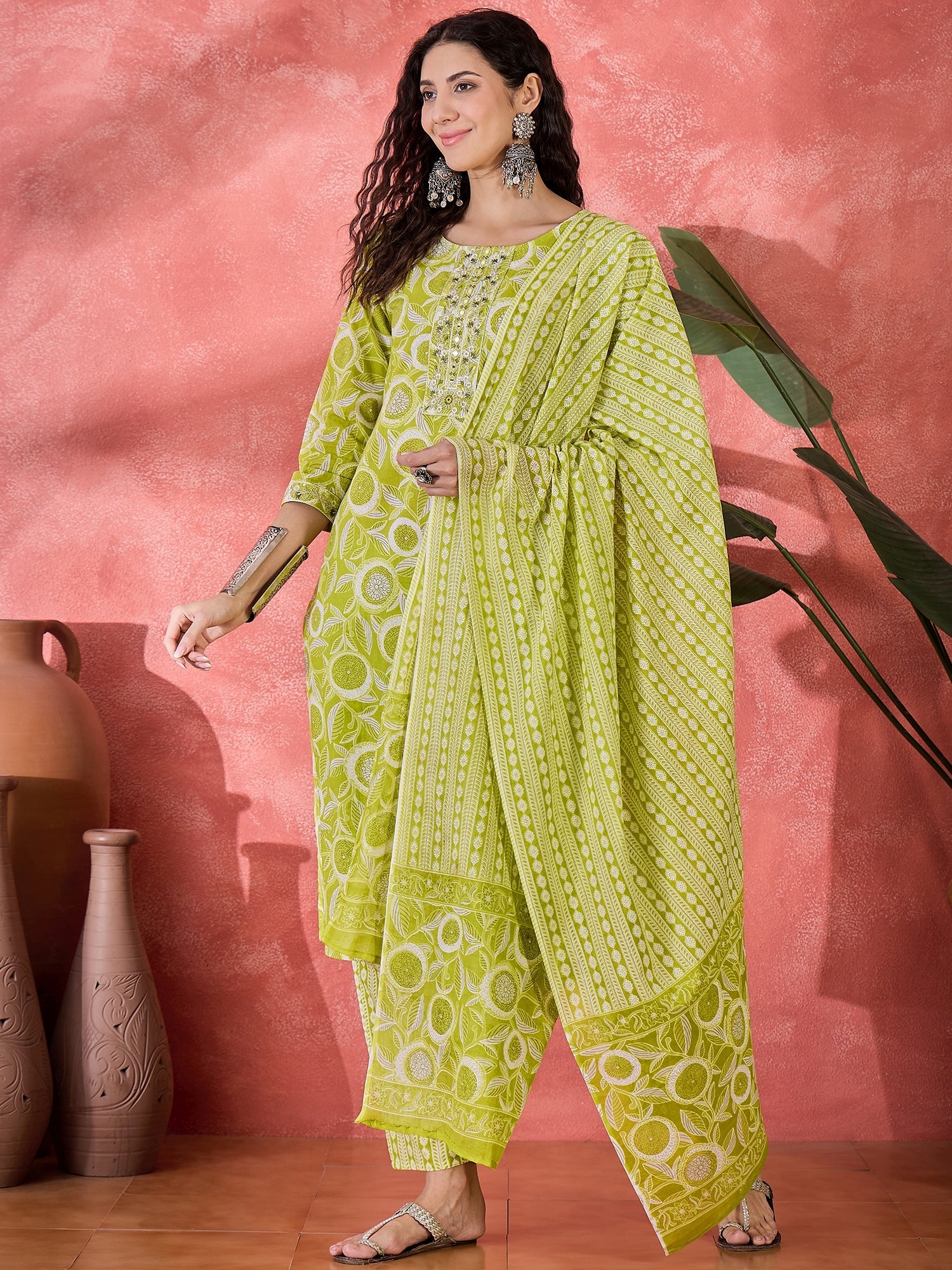 Yellow Pure Cotton Round Neck Floral Kurta Set For Women