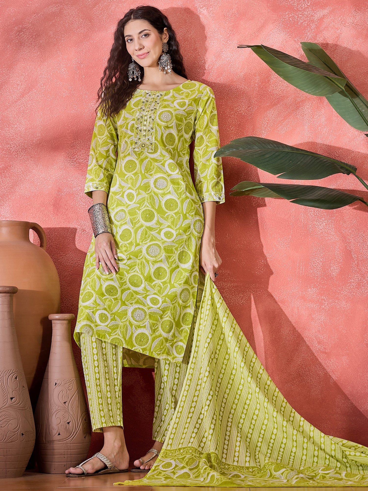 Yellow Pure Cotton Round Neck Floral Kurta Set For Women