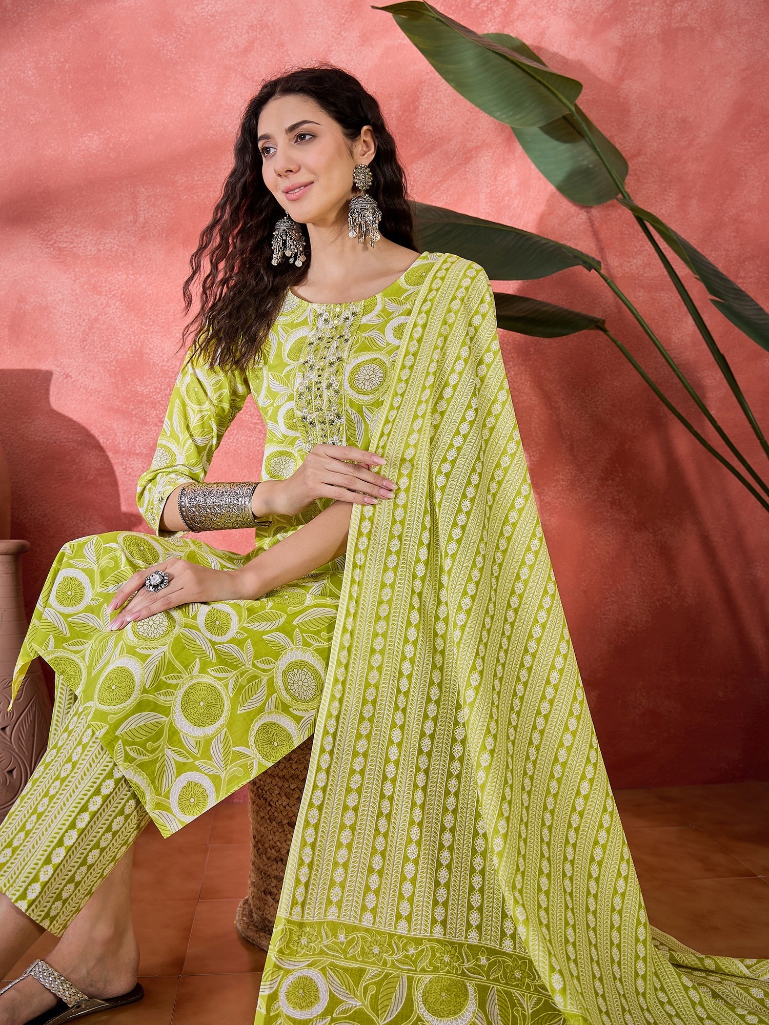 Yellow Pure Cotton Round Neck Floral Kurta Set For Women