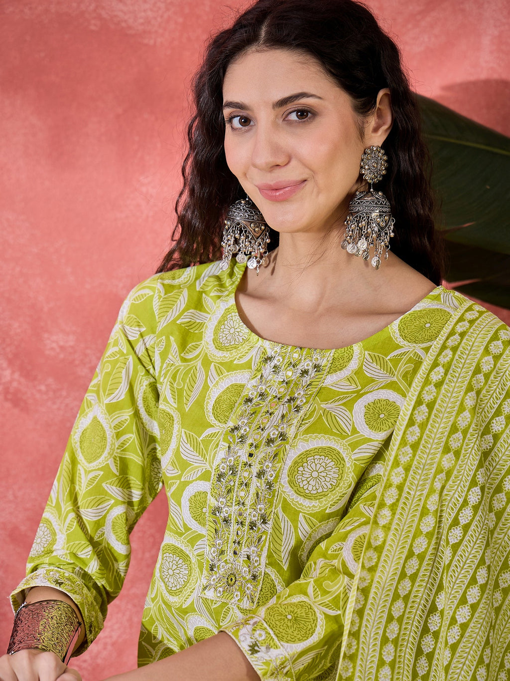 Yellow Pure Cotton Round Neck Floral Kurta Set For Women