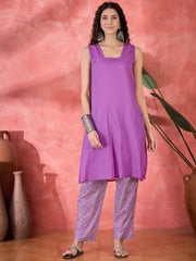 Purple Muslin Calf Length V-Neck Kurta Set For Women