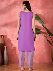 Purple Muslin Calf Length V-Neck Kurta Set For Women
