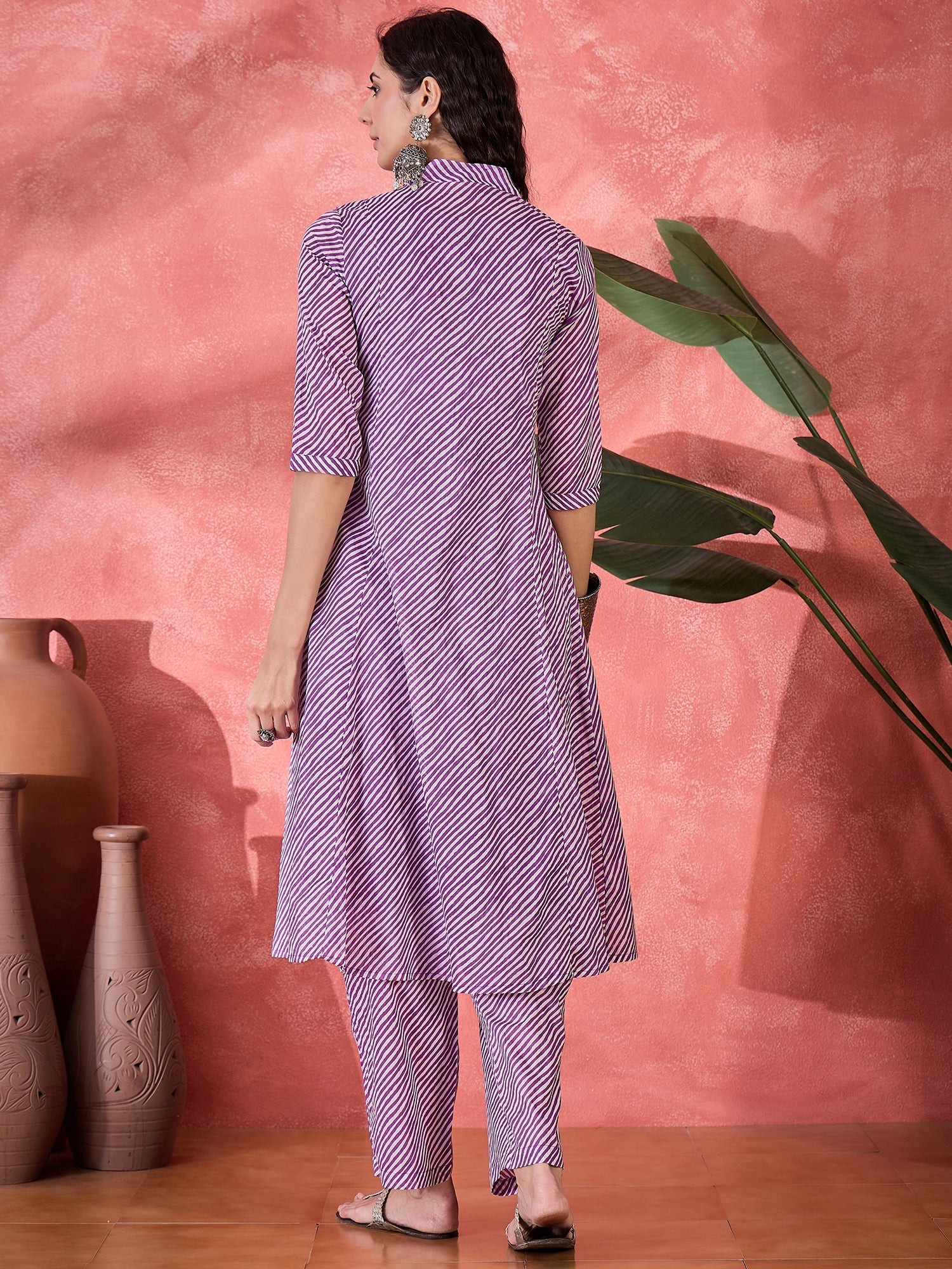 Purple Muslin Calf Length V-Neck Kurta Set For Women