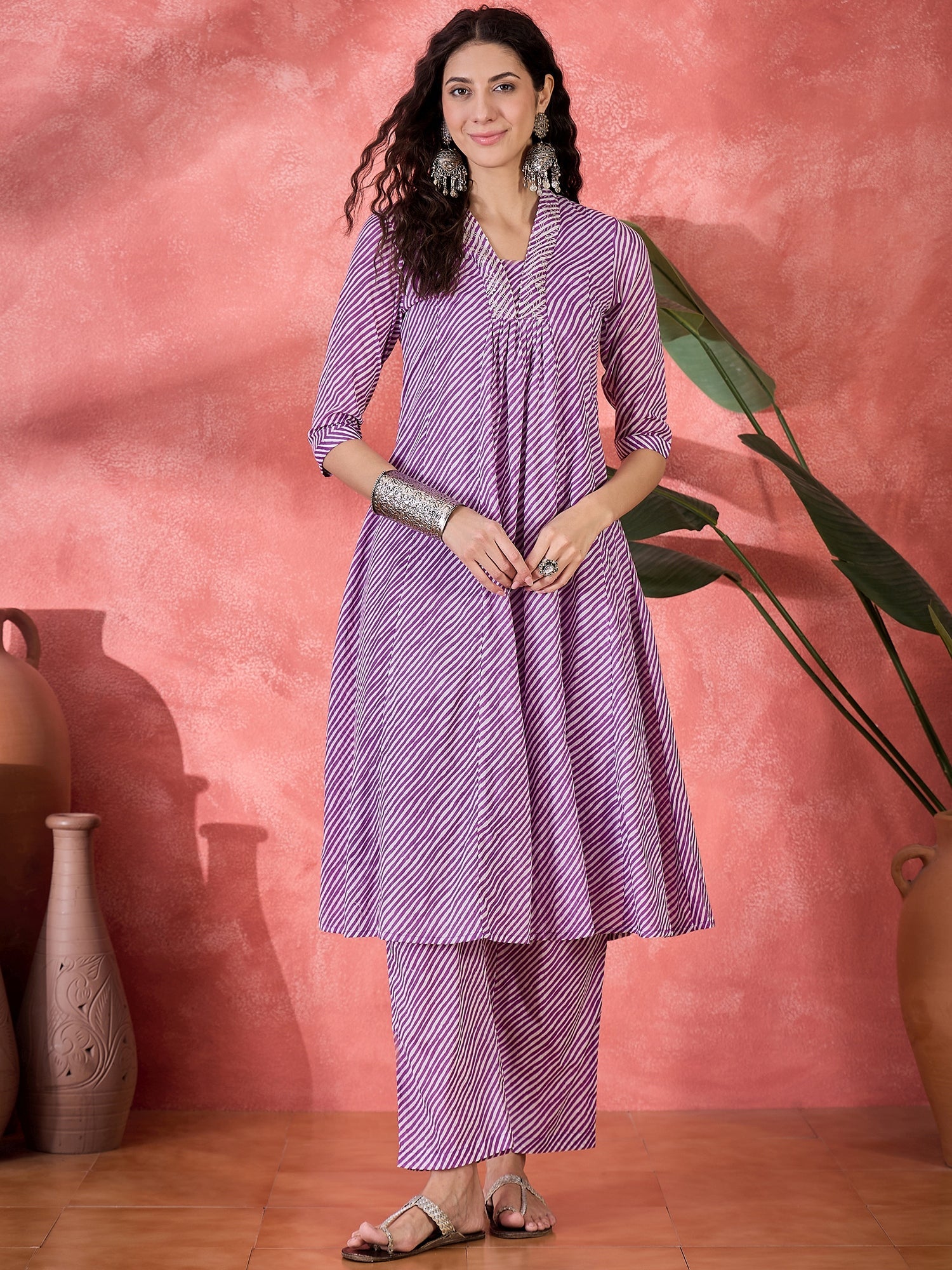 Purple Muslin Calf Length V-Neck Kurta Set For Women