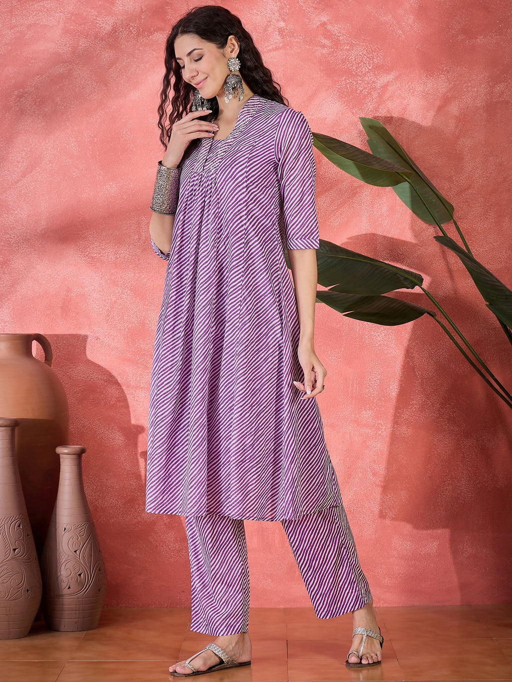 Purple Muslin Calf Length V-Neck Kurta Set For Women