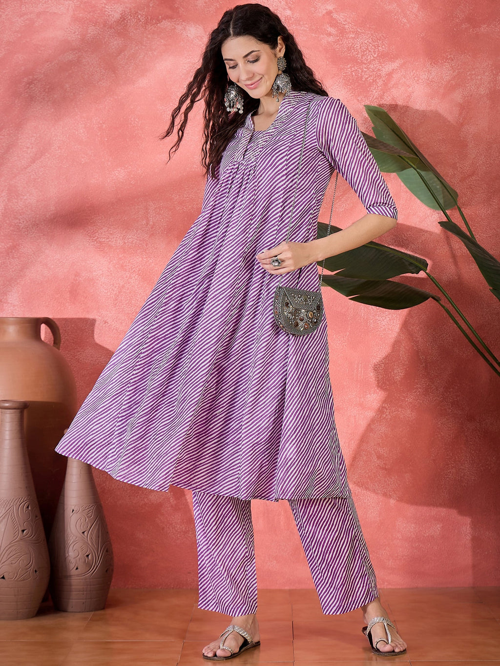 Purple Muslin Calf Length V-Neck Kurta Set For Women