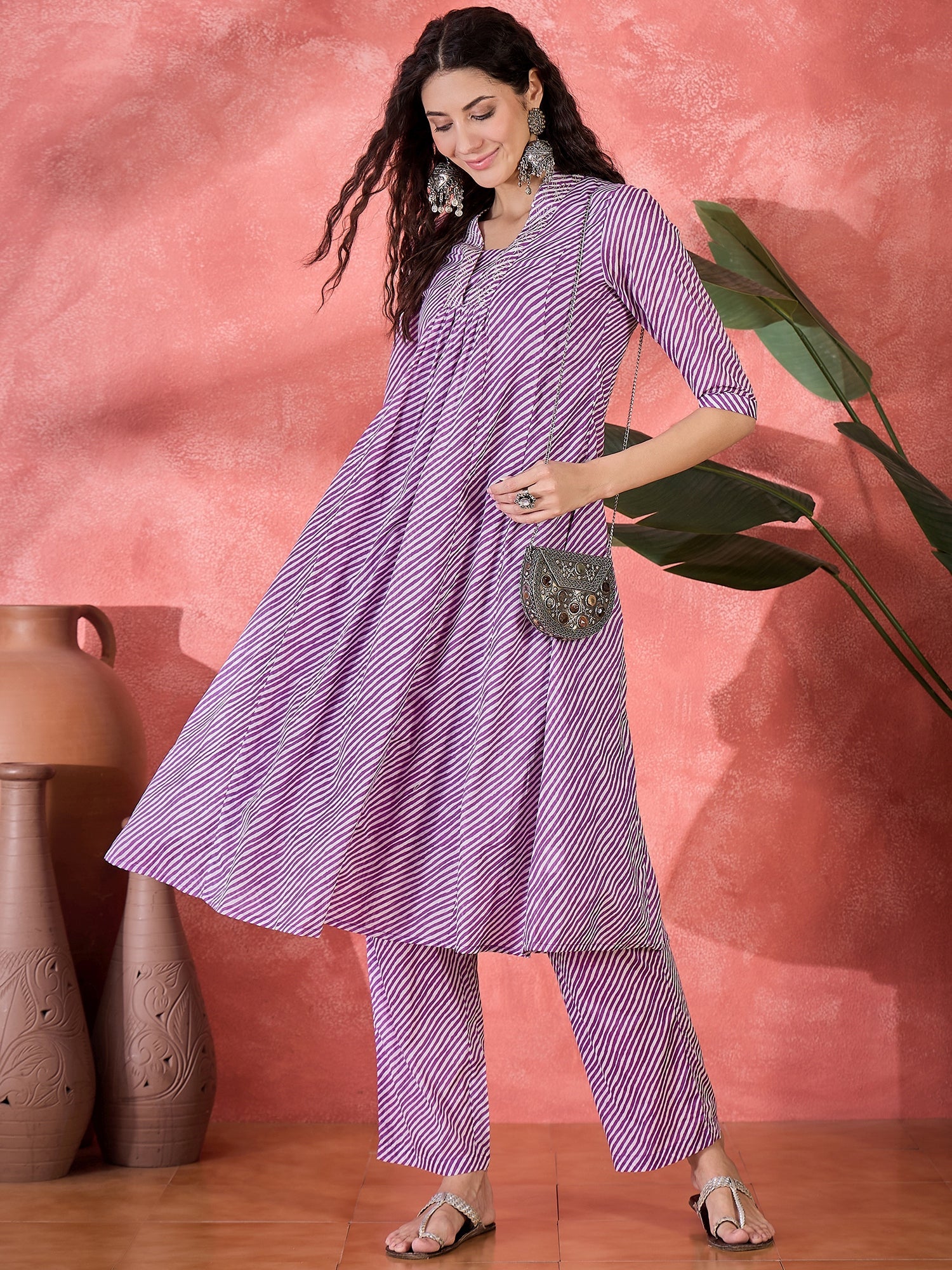 Purple Muslin Calf Length V-Neck Kurta Set For Women