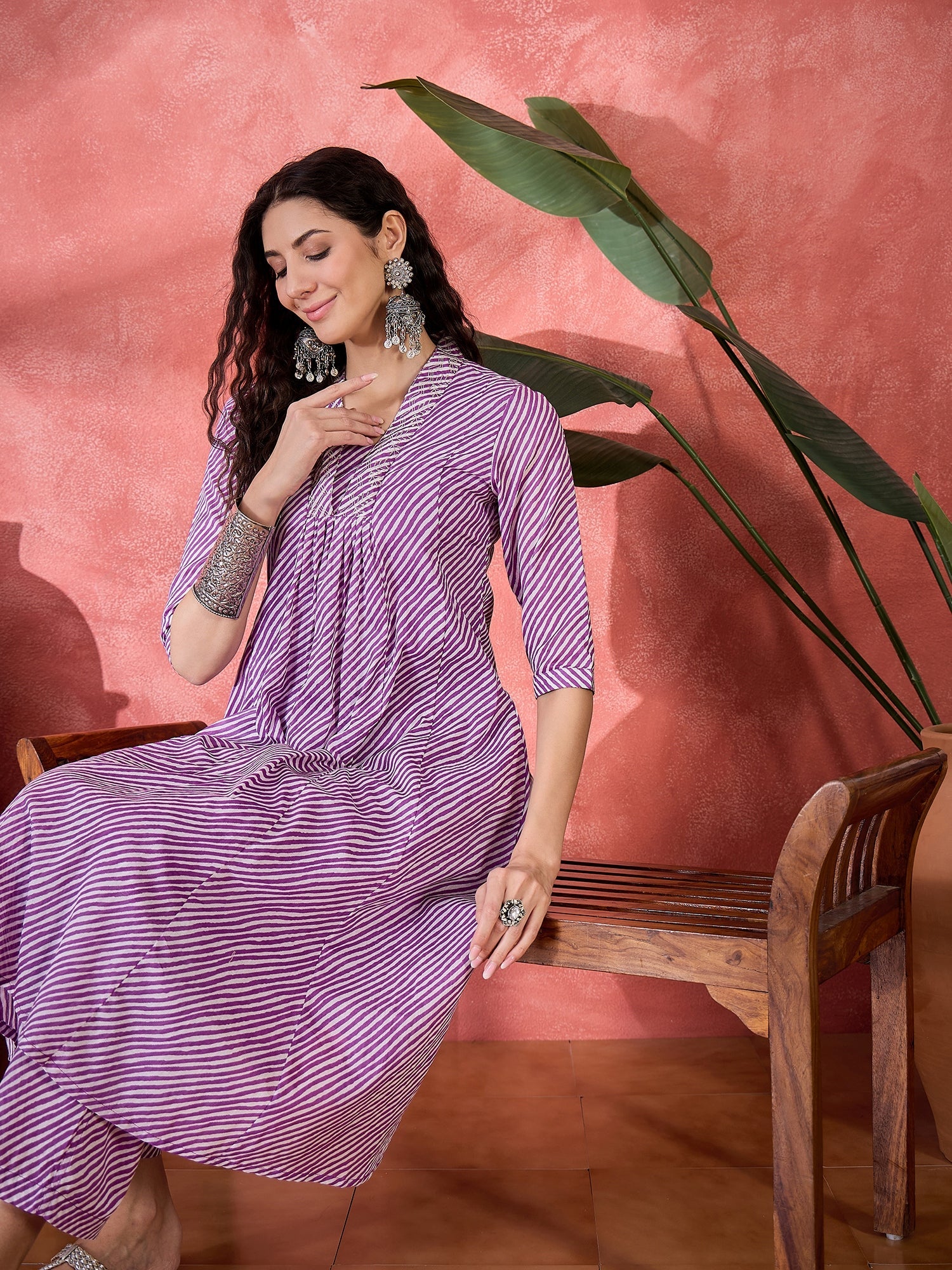 Purple Muslin Calf Length V-Neck Kurta Set For Women