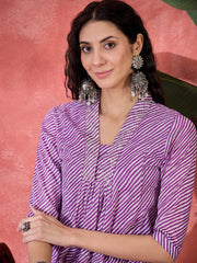 Purple Muslin Calf Length V-Neck Kurta Set For Women