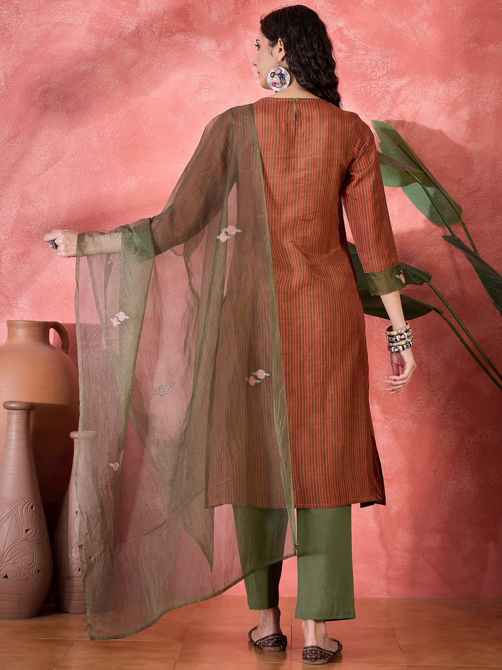 Brown Viscose Rayon Calf Length Round Neck Kurta Set For Women