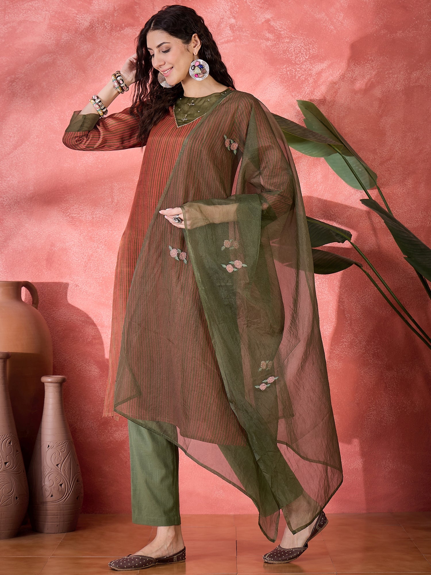 Brown Viscose Rayon Calf Length Round Neck Kurta Set For Women