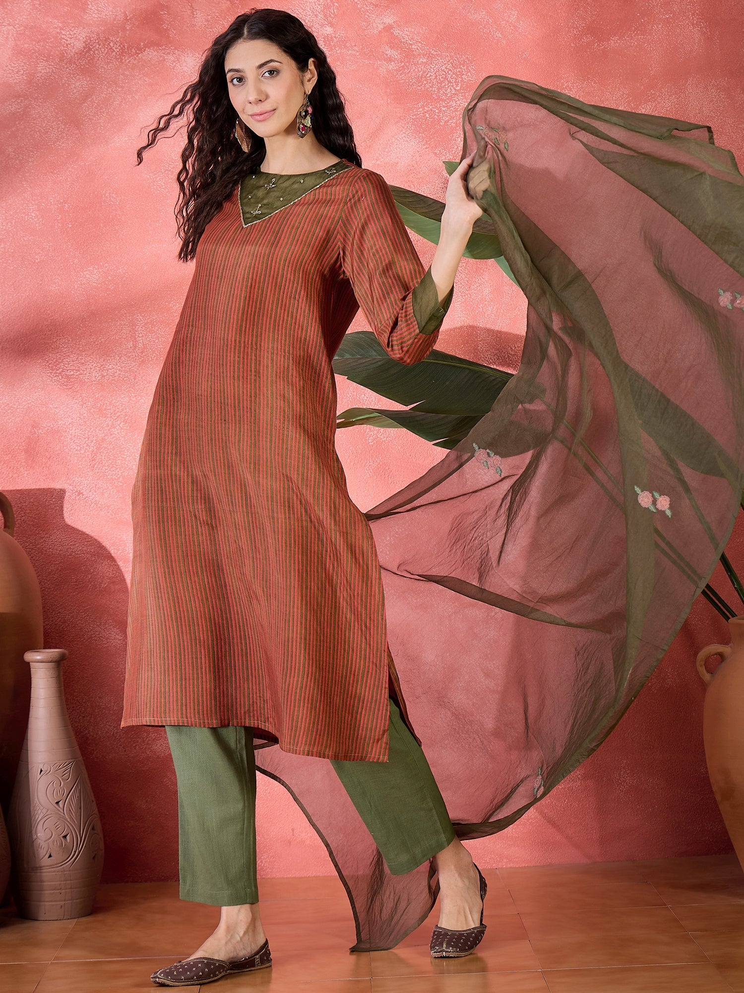 Brown Viscose Rayon Calf Length Round Neck Kurta Set For Women