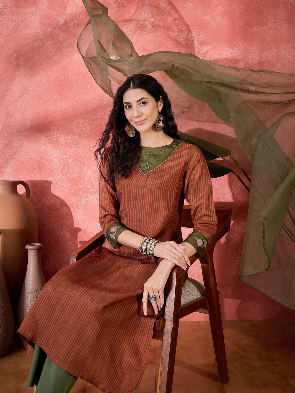 Brown Viscose Rayon Calf Length Round Neck Kurta Set For Women