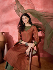 Brown Viscose Rayon Calf Length Round Neck Kurta Set For Women