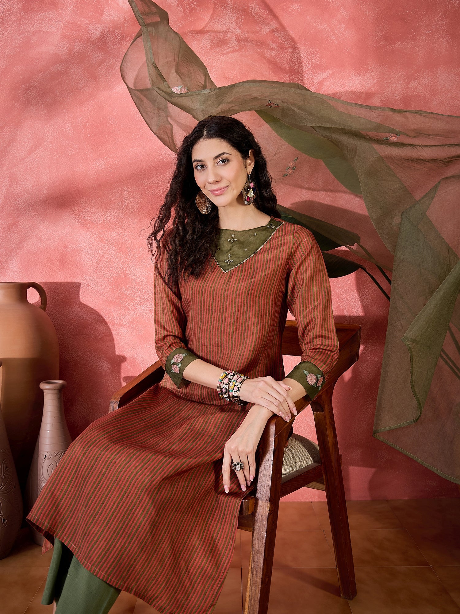 Brown Viscose Rayon Calf Length Round Neck Kurta Set For Women