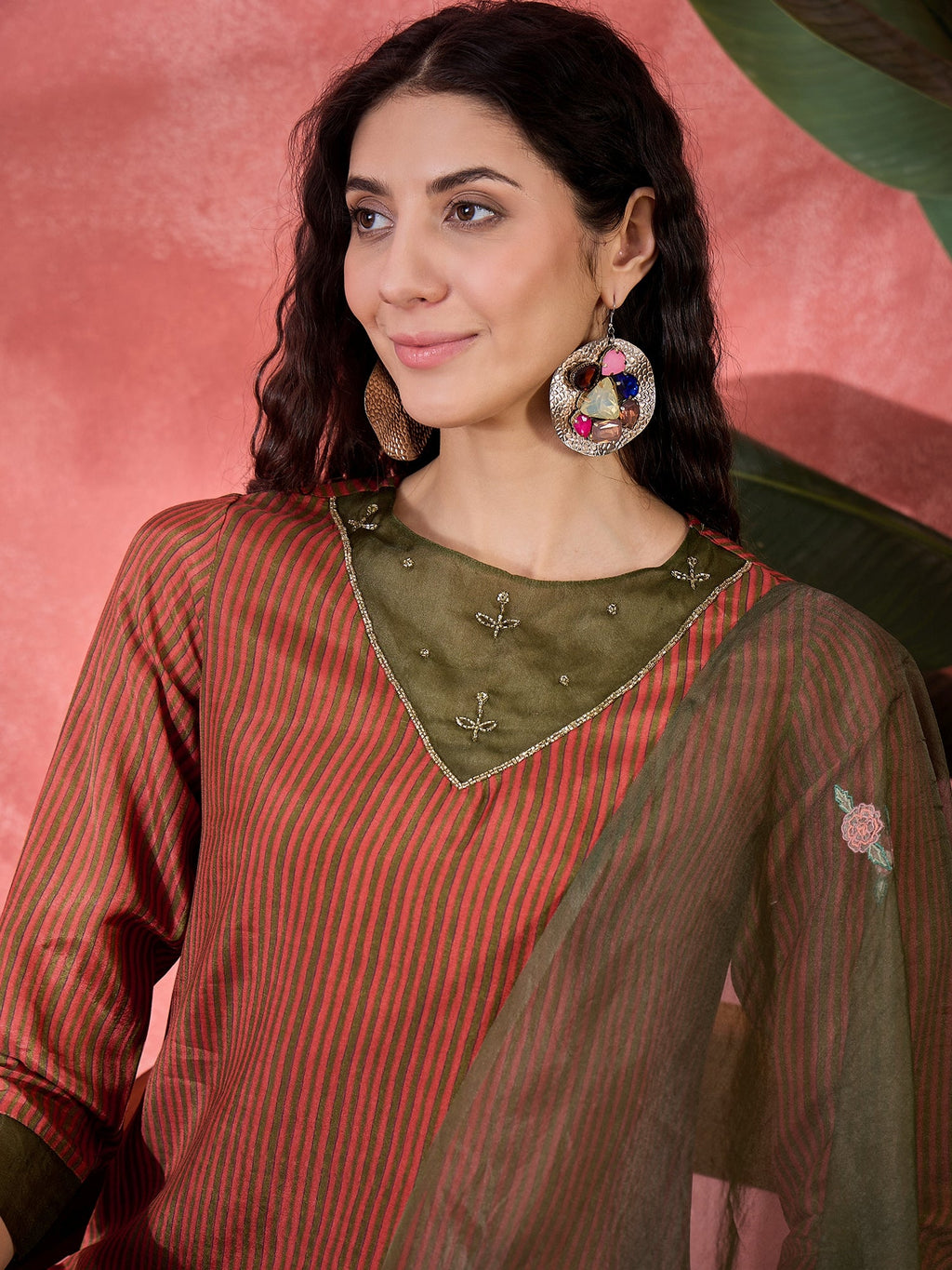 Brown Viscose Rayon Calf Length Round Neck Kurta Set For Women