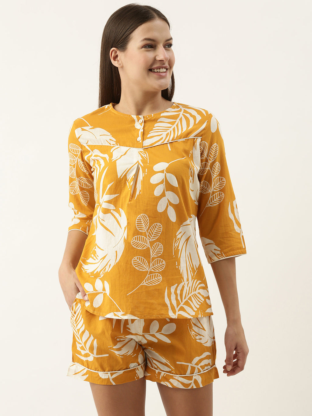 Yellow Cotton Printed Night Suit Set