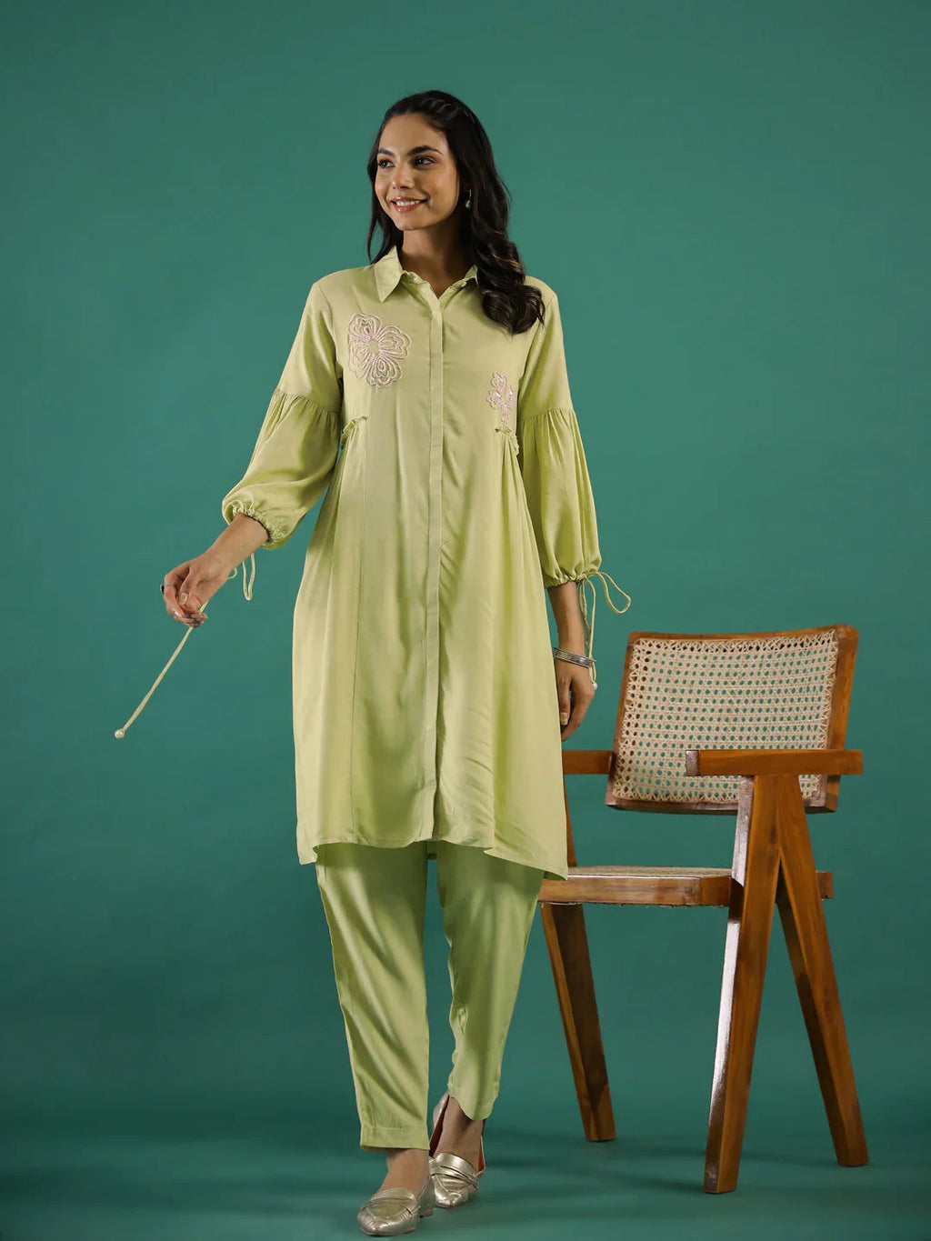 Lime Green Embellished Shirt Collar Cotton Blend Kurta Set for Women - SanskrutiHomes 