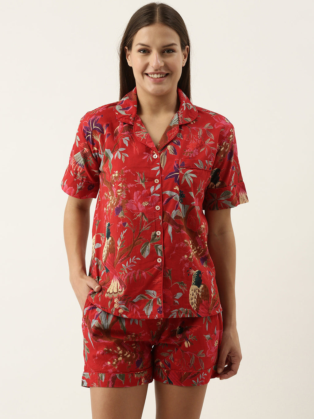 Red Cotton Printed Night Suit Set