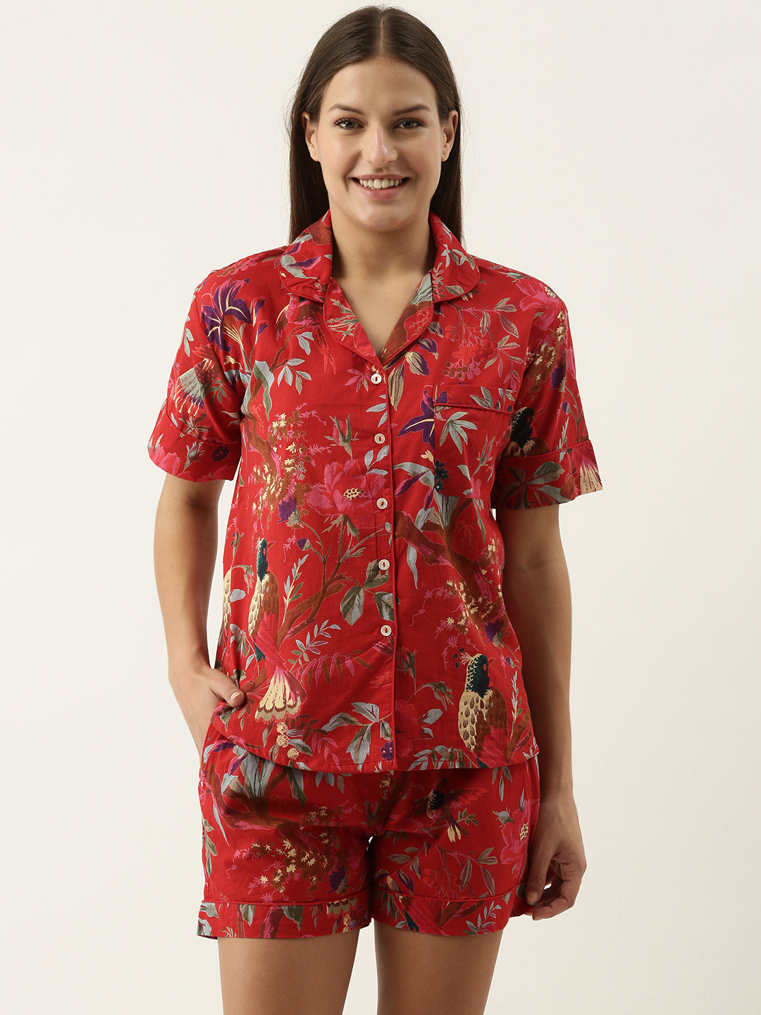 Red Cotton Printed Night Suit Set