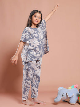 Grey Floral Printed Kaftan Night Suit for Kids - SanskrutiHomes 