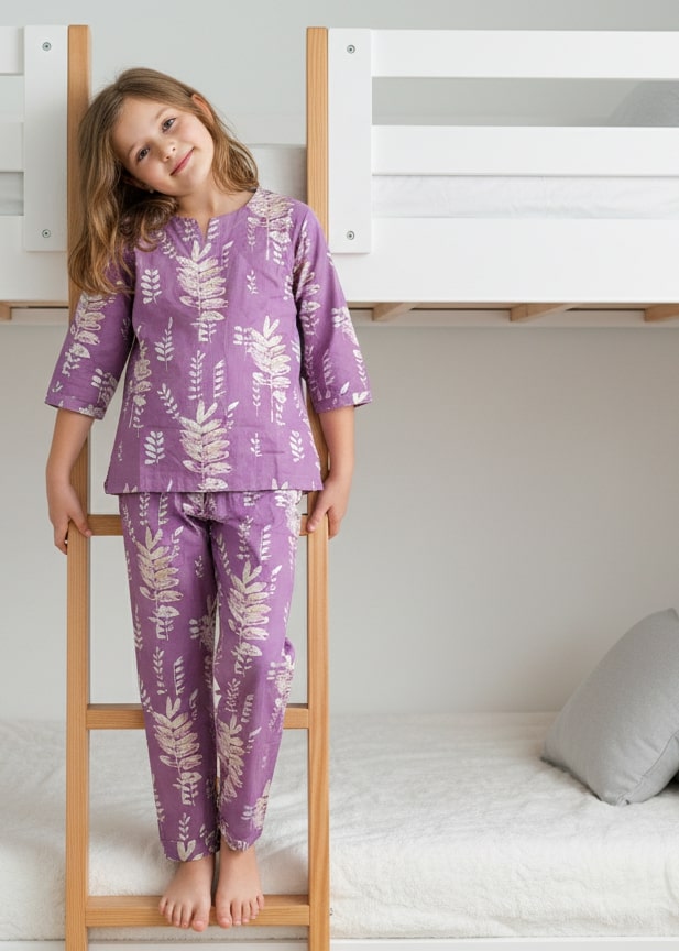 Purple Leaf Print Round Neck Cotton Night Suit Set For Kids