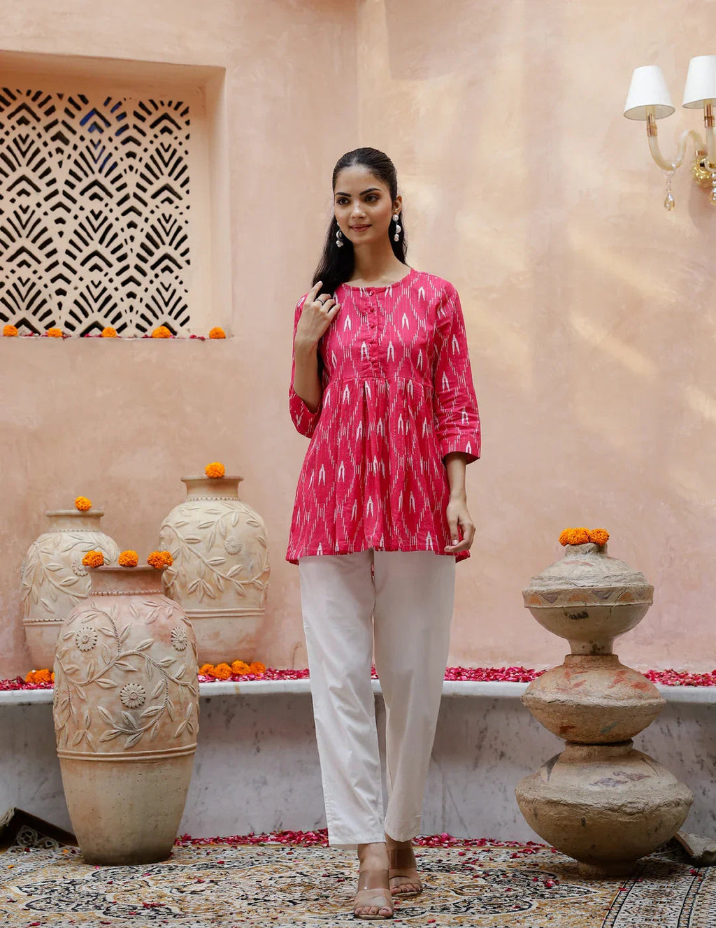 Pink Pure Cotton Round Neck Kurti for Women - SanskrutiHomes 