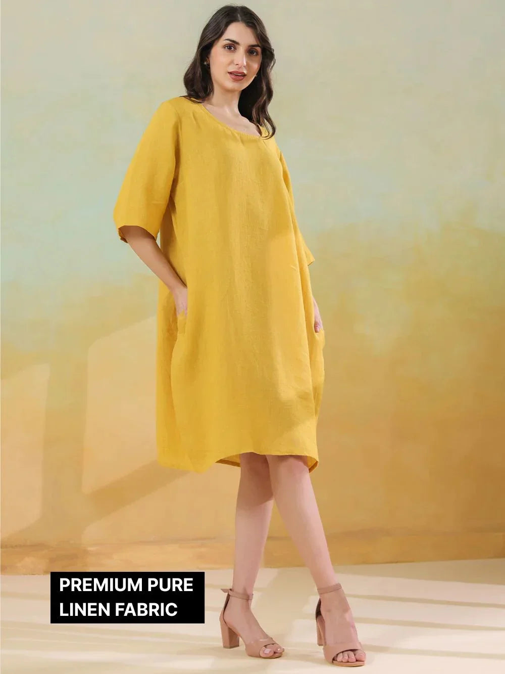 Yellow Solid Round Neck Pure Linen Kaftan Dress For Women