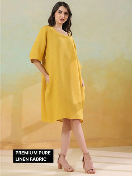 Yellow Solid Round Neck Pure Linen Kaftan Dress For Women