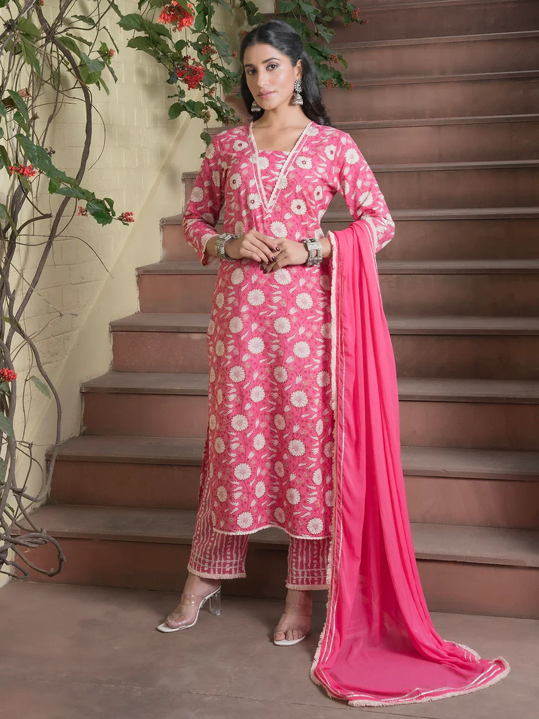 Floral Printed Pure Cotton Straight Kurta With Trousers & Dupatta - SanskrutiHomes 