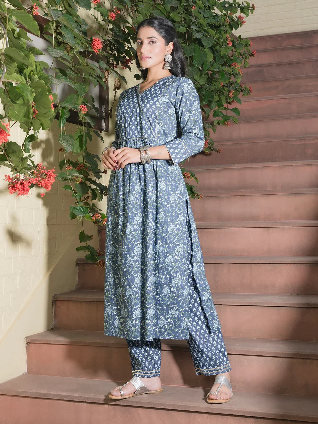 Floral Printed Cotton Kurta Set - SanskrutiHomes 