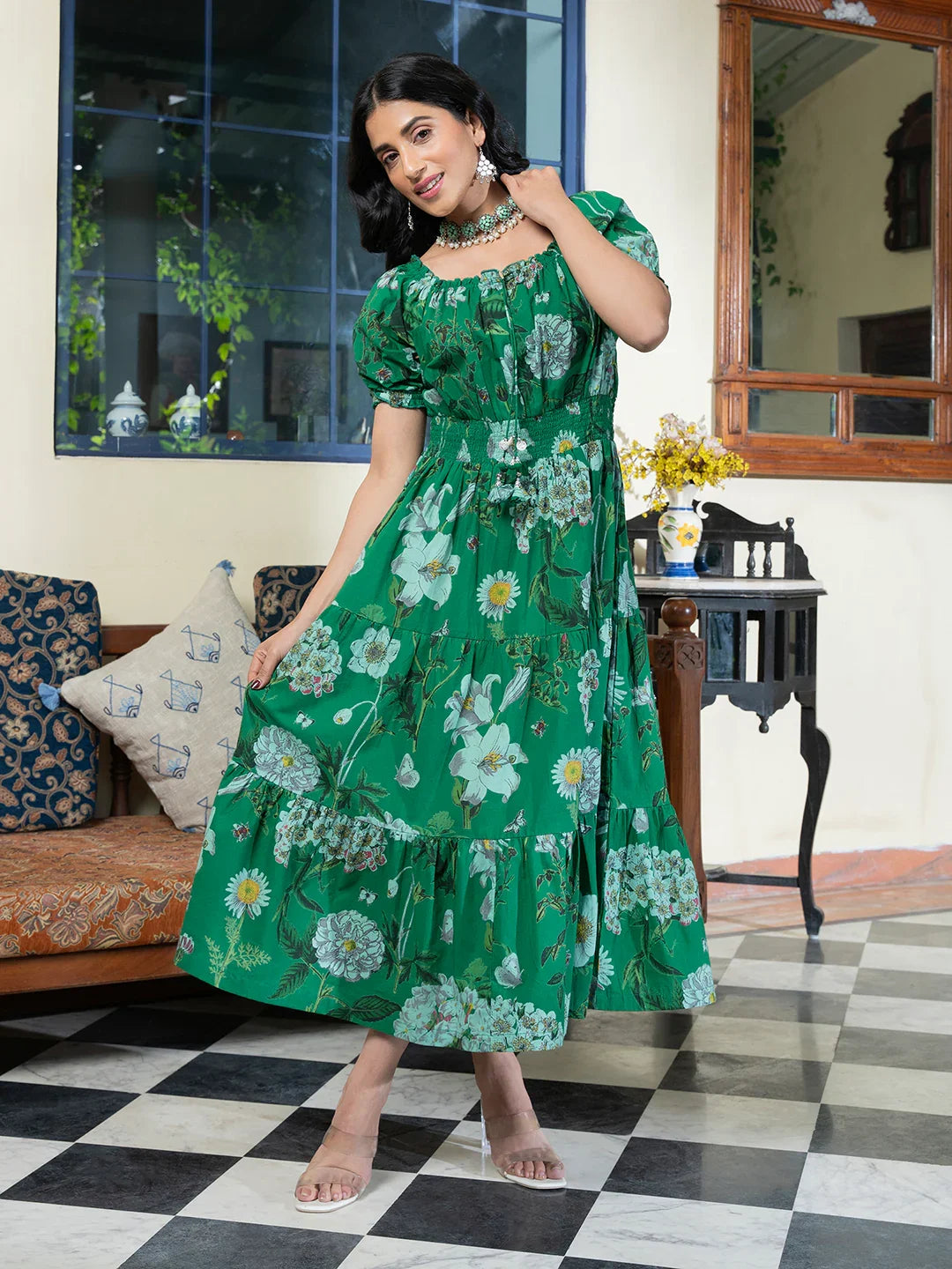 Floral Printed Puff Sleeve Smocked Cotton Tiered Fit & Flare Dresses - SanskrutiHomes 