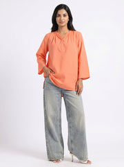Orange Solid Mandarin Collar Pure Cotton Top For Women
