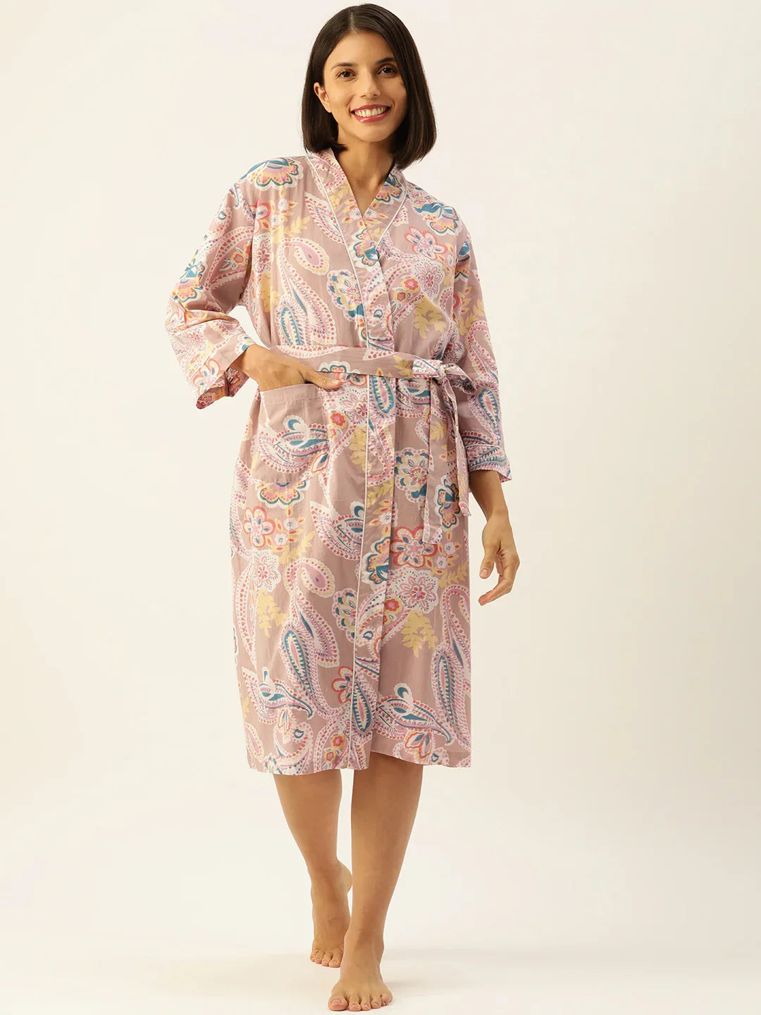 PAISLEY Hand printed Pure Cotton kimono robe - SanskrutiHomes 