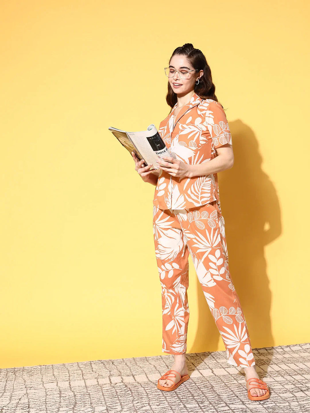 Orange Cotton Printed Night Suit Set with Payjama - SanskrutiHomes 