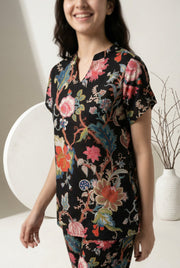 Black Floral Print Round Neck Cotton Night Suit For Women