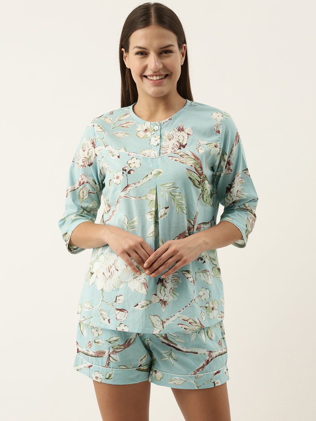 Sky Blue Cotton Printed Night Suit Set